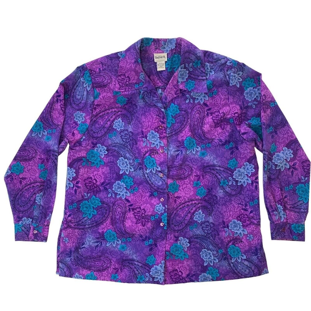 VTG Bon Worth Blouse Large Paisley Floral Button Up Attached Tank Top 2-in-1 L